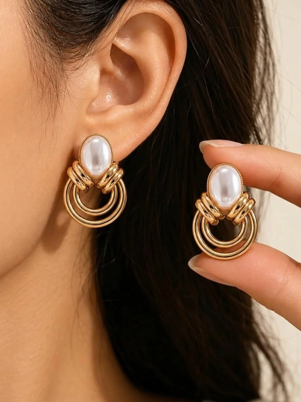Anthropologie Gold Tone and White Pearl Hoop Drop Earrings